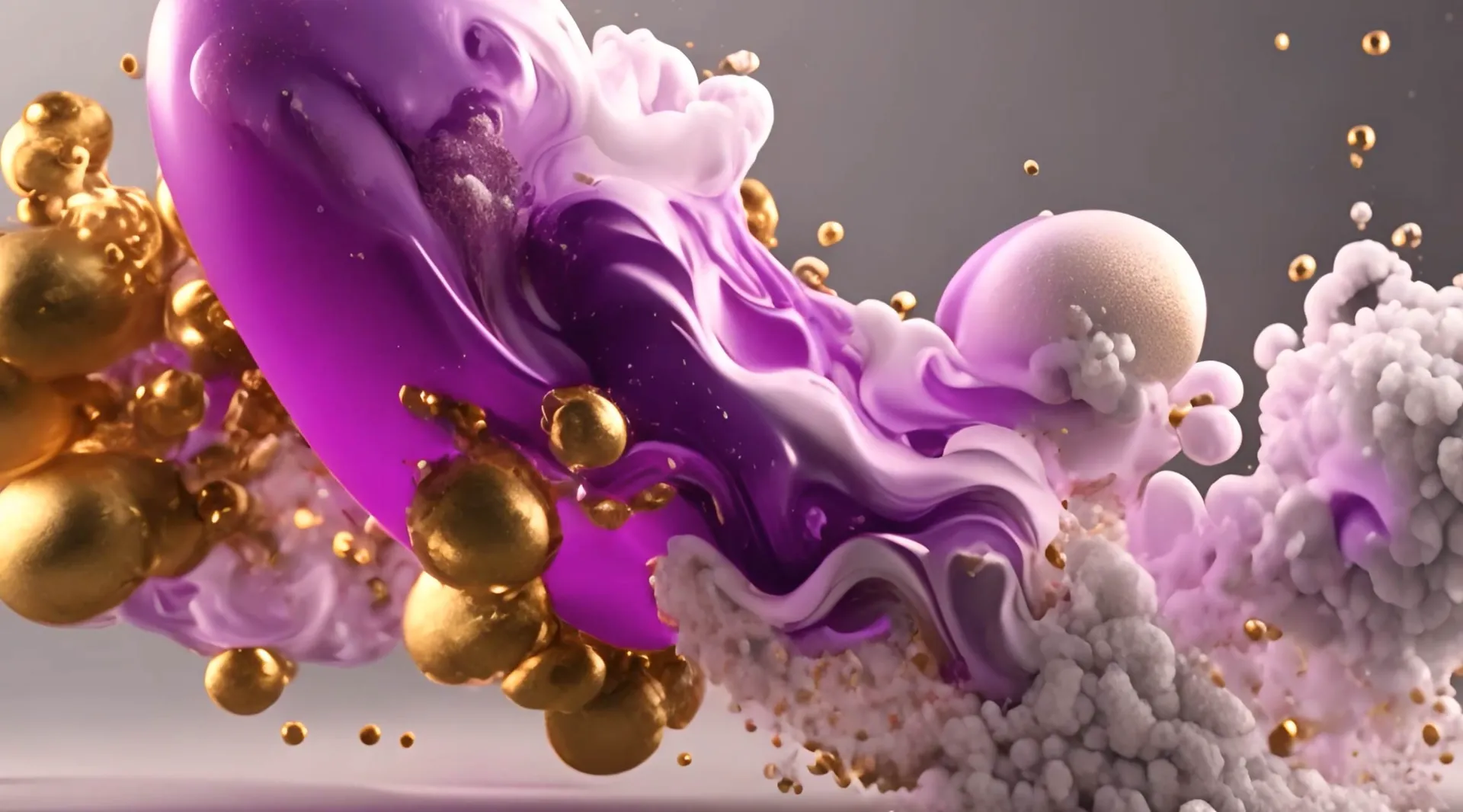Golden Bubbles in Mystical Purple Clouds Artistic Background
